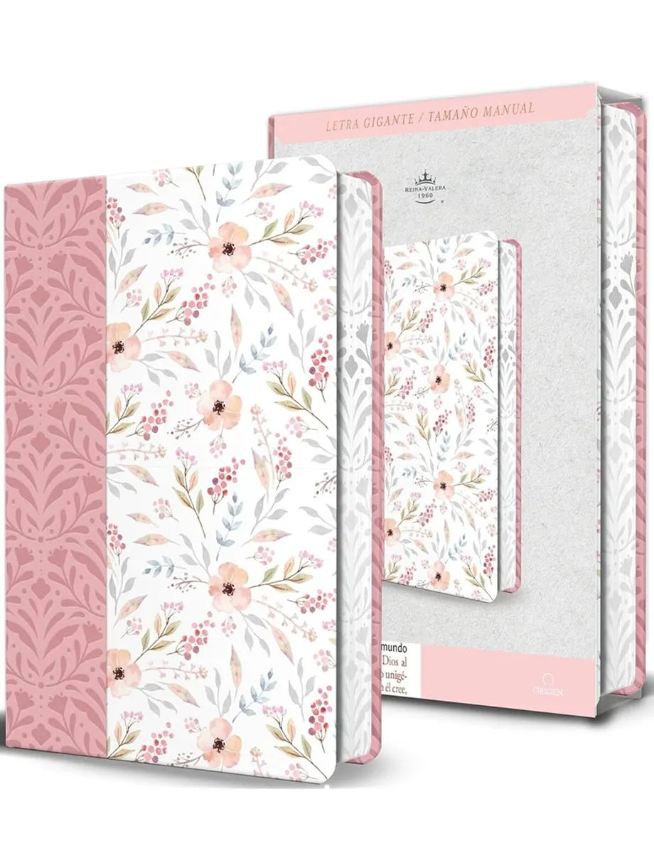 BIBLIA RVR 1960 TAMAÑO MANUAL LETRA GIGANTE SIMIL PIEL ROSADA CON FLORES (CANTOS PINTADOS)